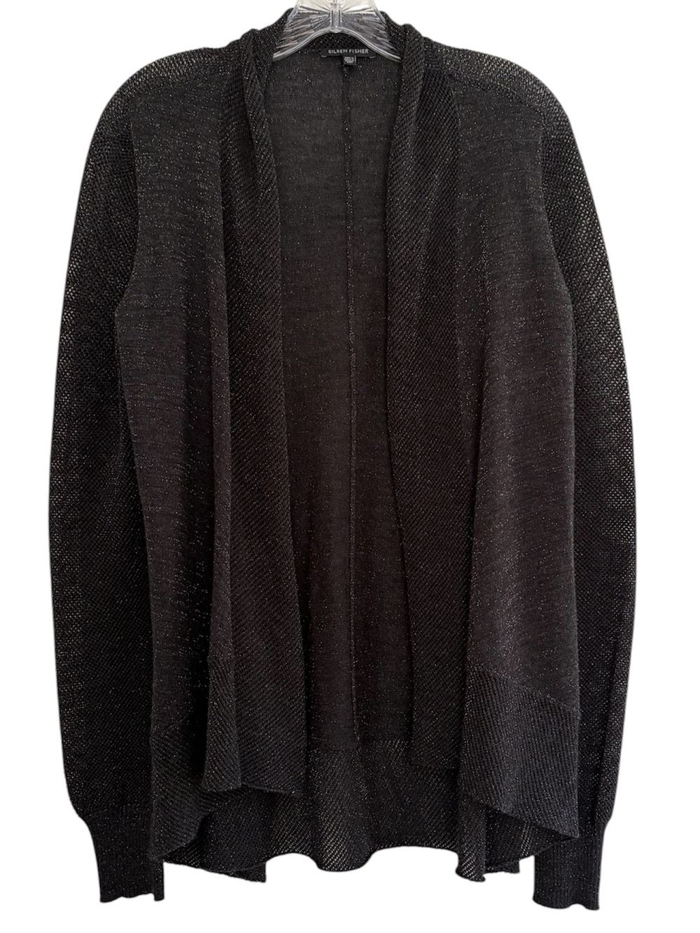 Eileen Fisher Merino Wool Cardigan Sweater Black Metallic Sparkle Open Front M